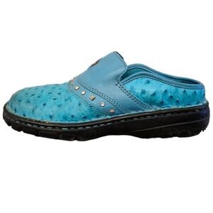 DOUBLE H Womens Size 5.5 Clogs Teal Ostrich Leather Western Slip On Mules